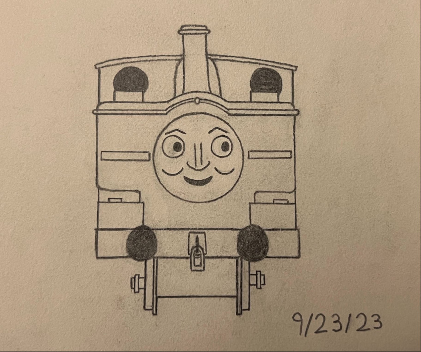 2023 anthro black_eyes chassis circle_eyes creepy_smile dated duck_(thomas_and_friends) eyebrows happy hi_res living_machine living_train living_vehicle locomotive looking_aside ludicrouslorry machine male mattel monochrome no_shading not_furry pencil_sketch sentient simple_background sketch smile solo steam_locomotive thomas_and_friends train vehicle wheels white_background