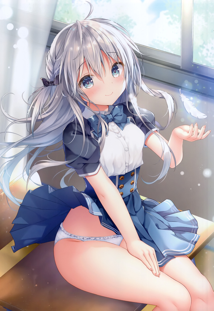 1girl absurdres ahoge bare_legs blue_bow blue_bowtie blue_eyes blue_skirt blurry blurry_background blush bow bowtie breasts classroom closed_mouth clothes_lift collared_shirt desk dress feathers hand_up high-waist_skirt highres indoors kino_(kino_konomi) lens_flare light_particles long_hair looking_at_viewer non-web_source on_desk original panties pantyshot pleated_skirt puffy_short_sleeves puffy_sleeves school_desk school_uniform shirt short_sleeves sitting skirt skirt_lift small_breasts smile solo thighs underbust underwear white_feathers white_hair white_panties wind wind_lift window