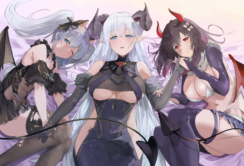 3girls absurdres albion_(azur_lane) albion_(silvermoon_faerie_princess)_(azur_lane) animal_ears aqua_eyes azur_lane bare_shoulders black_gloves black_hair black_horns black_leotard black_thighhighs blue_dress blue_eyes breasts cat_ears covered_navel curled_horns demon_tail demon_wings dress fake_animal_ears fake_horns gloves grey_hair hair_ribbon halloween_costume heart heart_tail highres hip_vent holding_hands horns janus_(azur_lane) janus_(fright-night_scaredy-cat)_(azur_lane) large_breasts leotard light_blush long_hair looking_at_viewer lying multiple_girls navel official_alternate_costume on_back on_side parted_lips pointy_ears red_eyes red_horns ribbon royal_fortune_(azur_lane) royal_fortune_(treats_from_the_deep)_(azur_lane) stomach tail thighhighs torn_clothes torn_thighhighs twintails white_ribbon wings yuzu_minari