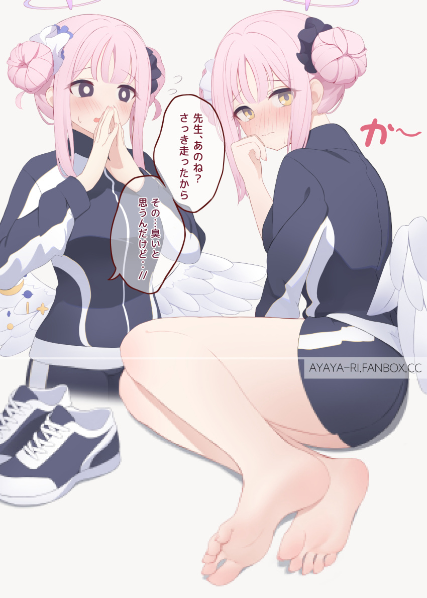 1girl angel_wings ayaya_(ayaya_ri) bare_legs barefoot blue_archive blue_footwear blue_jacket blue_shorts blush bright_pupils censored censored_food closed_mouth commentary_request cropped_legs double_bun fanbox_username feathered_wings feet foot_focus full_body grey_background hair_bun hair_ornament hair_scrunchie halo hand_up highres jacket legs long_sleeves looking_at_viewer low_wings mika_(blue_archive) multicolored_clothes multicolored_jacket multiple_views own_hands_together paid_reward_available pink_hair purple_halo scrunchie shoes short_shorts shorts simple_background sneakers soles speech_bubble toes track_jacket two-tone_footwear two-tone_jacket two-tone_shorts two_side_up unworn_shoes wavy_mouth web_address white_footwear white_jacket white_pupils white_shorts white_wings wings yellow_eyes