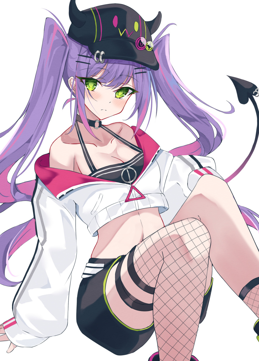 1girl absurdres bibi_(tokoyami_towa) black_shorts black_tank_top breasts cleavage cropped_jacket demon_girl demon_tail fishnet_thighhighs fishnets green_eyes hair_ornament hairpin highres hololive jacket long_hair looking_at_viewer multicolored_hair navel piercing pink_hair pso2kotone purple_hair shorts single_fishnet_legwear small_breasts streaked_hair tail tail_ornament tail_piercing tank_top thighhighs tokoyami_towa tokoyami_towa_(1st_costume) twintails virtual_youtuber white_background white_jacket