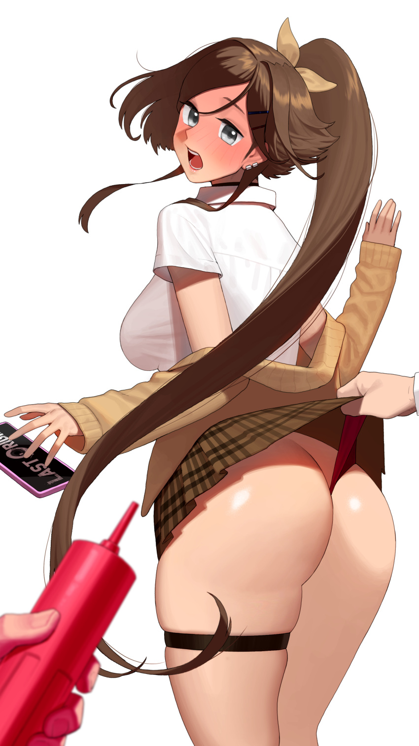 1girl absurdres ass blush breasts brown_hair cardigan cellphone cowboy_shot dc_(makezzal) from_behind grey_eyes highres khan_the_swift large_breasts last_origin lips long_hair looking_at_viewer looking_back open_cardigan open_clothes panties phone pleated_skirt ponytail pov pov_hands red_panties school_uniform shirt short_sleeves sideboob sidelocks simple_background skirt smartphone thigh_strap underwear very_long_hair wedgie white_background white_shirt