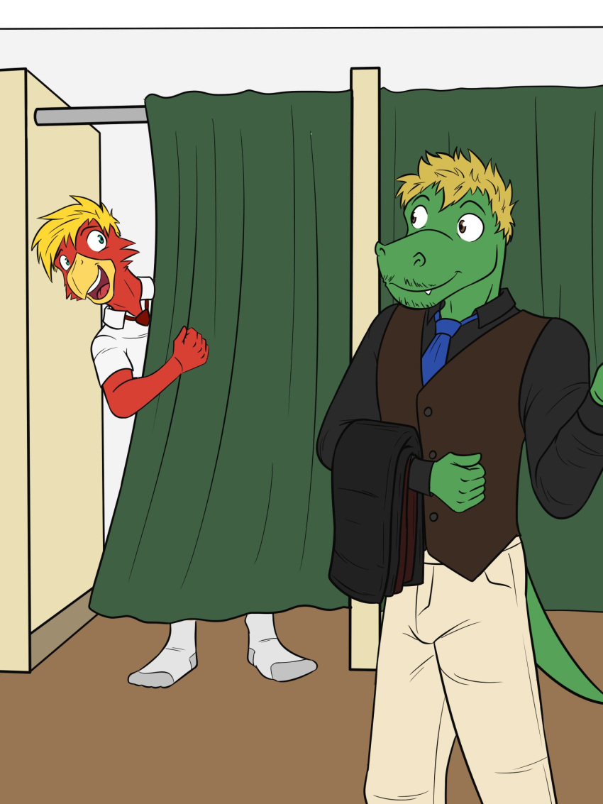 alligator alligatorid anthro avian bird bottomwear clothed clothing crocodilian curtains duo fitting_room footwear fully_clothed fuze hi_res holding_bottomwear holding_clothing holding_object holding_pants male necktie pants reptile scalie shirt socks topwear tyler_(fuze) vest