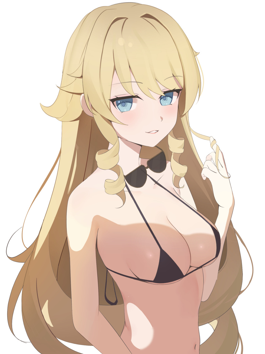 1girl absurdres bare_shoulders bikini blonde_hair blue_eyes breasts cleavage collarbone drill_hair drill_sidelocks eyewear_around_neck genshin_impact grin hair_flaps hand_in_own_hair highres jitome light_blush long_hair looking_at_viewer medium_breasts navia_(genshin_impact) sidelocks simple_background smile solo string_bikini swept_bangs swimsuit tokutokenzen upper_body white_background