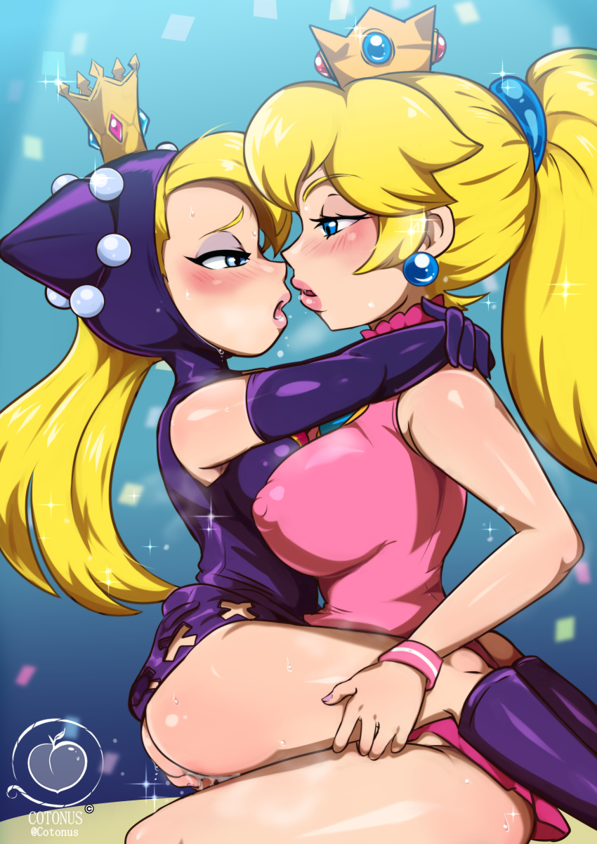 2girls absurdres ass blonde_hair blue_eyes breasts breath cotonus covered_nipples cross_cutout crown dress eye_contact highres hooded_dress hug huge_breasts implied_futanari kneehighs leather_dress looking_at_another mario_(series) mario_power_tennis mario_tennis mini_crown multiple_girls pink_dress ponytail princess_peach socks sportswear steaming_body straddling tennis_uniform thighs upright_straddle warupeach yuri