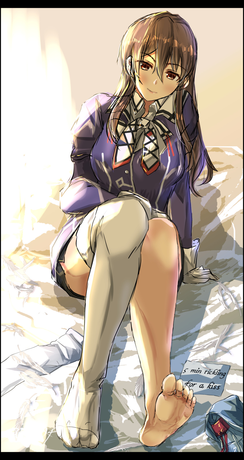 1girl absurdres ashigara_(kancolle) ashigara_kai_ni_(kancolle) blush breasts brown_eyes brown_hair commission gloves hair_between_eyes hairband highres indoors jacket kantai_collection large_breasts long_hair long_sleeves looking_at_viewer lying military military_uniform multicolored_ascot multicolored_neckerchief neckerchief pencil_skirt pixiv_commission print_neckerchief purple_jacket seitei_(04seitei) skirt smile solo thighhighs undressing uniform wavy_hair white_gloves white_hairband white_thighhighs