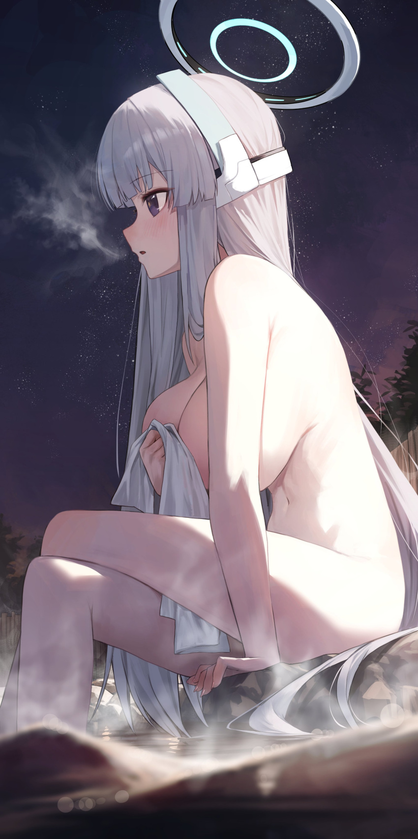 1girl absurdres blue_archive blurry blurry_foreground blush breasts breath cleavage completely_nude feet_out_of_frame gnns grey_hair halo highres holding holding_towel large_breasts long_hair mechanical_halo navel night noa_(blue_archive) nude onsen outdoors parted_lips purple_eyes sitting solo steam towel water white_towel