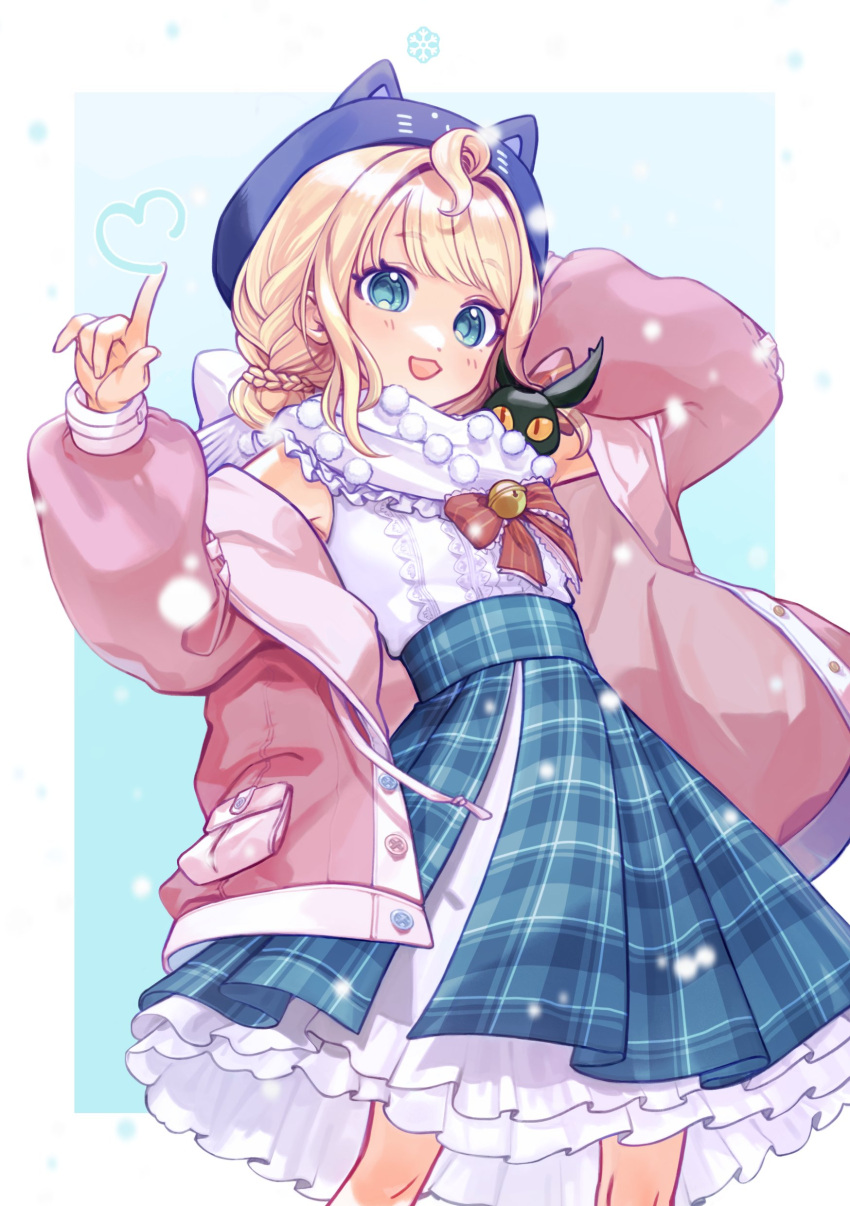 1girl absurdres ahoge animal_hat blonde_hair blue_eyes blue_headwear blue_skirt cat_hat double_bun frilled_sailor_collar frills guan63947624 hair_bun hat heart highres jacket lucie_(millie_parfait) medium_hair millie_parfait millie_parfait_(3rd_costume) nijisanji nijisanji_en open_clothes open_jacket open_mouth pink_jacket plaid plaid_skirt sailor_collar scarf skirt smile solo virtual_youtuber white_sailor_collar white_scarf