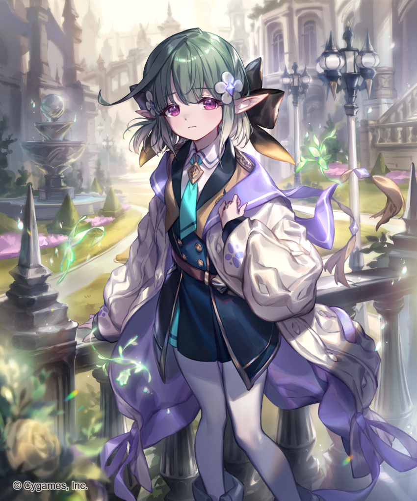 1girl aqua_necktie architecture belt belt_buckle bow buckle castelle_(shadowverse) closed_mouth collar collared_shirt dress dress_shirt elf feet_out_of_frame flower fountain garden green_hair hair_bow hair_flower hair_ornament hand_on_railing highres lamppost lee_hyeseung necktie official_art pantyhose pointy_ears purple_eyes railing school_uniform shadowverse shirt short_dress short_hair solo stairs standing sweater white_pantyhose white_sweater