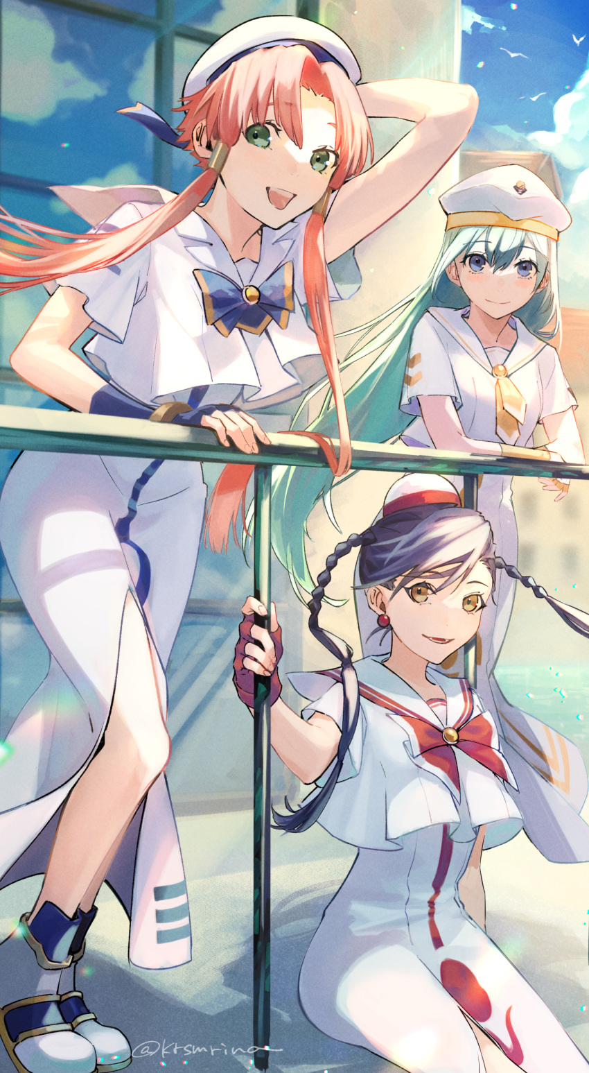 3girls :d absurdres against_railing aika_granzchesta alice_carroll aqua_hair aria_(manga) aria_company_uniform arm_up beret blue_bow blue_bowtie blue_eyes blue_footwear blue_hair blurry blurry_background bow bowtie braid dress earrings eyelashes feet_out_of_frame fingerless_gloves full_body gloves gold_trim green_eyes hair_tubes hand_up hat highres himeya_company_uniform impossible_clothes impossible_dress jewelry legs long_hair looking_at_viewer mizunashi_akari multiple_girls necktie open_mouth orange_planet_uniform outdoors parted_bangs pink_hair railing red_bow red_bowtie red_gloves red_headwear sailor_collar serisawa shadow short_hair_with_long_locks short_sleeves side_slit sitting smile solo standing swept_bangs twin_braids twitter_username two-tone_headwear very_long_hair white_dress white_footwear white_headwear yellow_eyes yellow_necktie