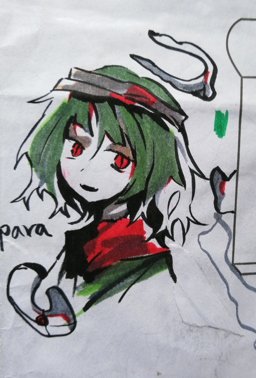 1other androgynous brown_headband cocopalm green_hair green_shirt hair_between_eyes headband highres len'en looking_at_viewer marker_(medium) open_mouth other_focus para_(len'en) red_scarf scarf shirt short_hair smile solo traditional_media