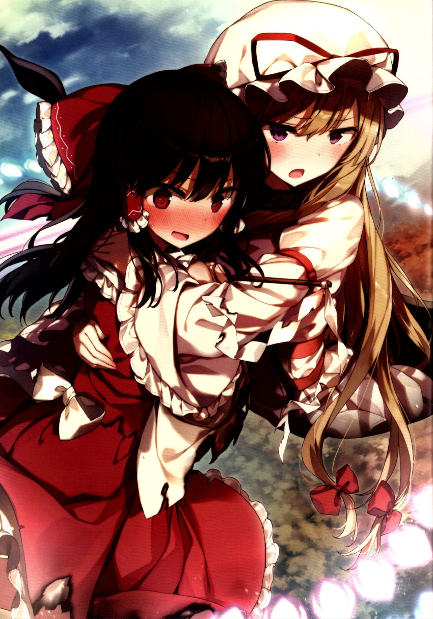 2girls @_@ absurdres back back_bow bare_shoulders black_hair blonde_hair blue_sky blush bow breasts cloud cloudy_sky danmaku day detached_sleeves dress fingernails flying frills gap_(touhou) gohei hair_between_eyes hair_bow hair_ornament hair_tubes hakurei_reimu hands_up hat hat_bow highres holding holding_gohei hug long_hair long_sleeves looking_at_viewer medium_breasts medium_hair mob_cap multiple_girls nontraditional_miko open_mouth outdoors ponytail purple_eyes purple_tabard red_bow red_dress red_eyes shnva sky smile sweatdrop tabard tongue torn_clothes torn_dress touhou tree v-shaped_eyebrows white_bow white_dress white_headwear wide_sleeves yakumo_yukari yuri