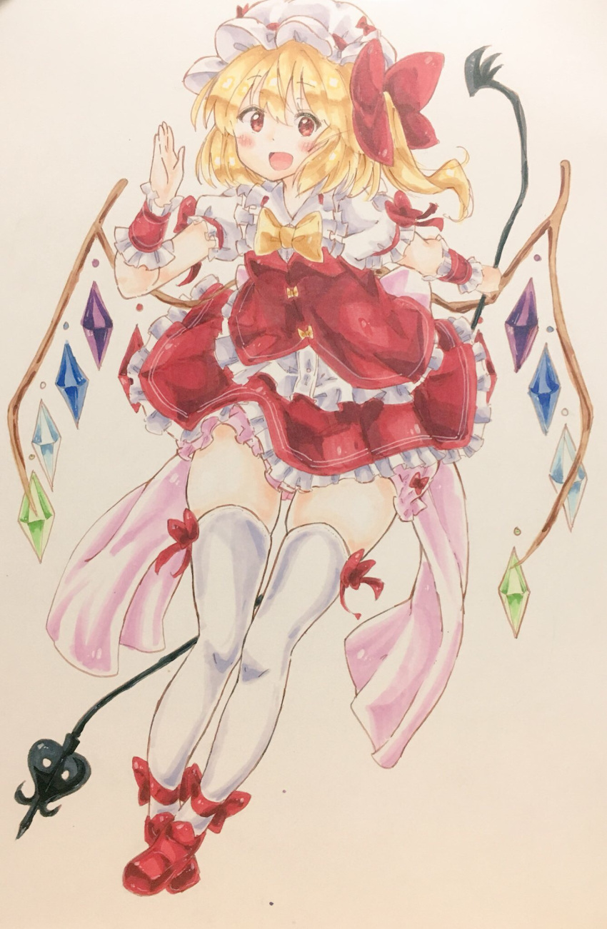 1girl back_bow blonde_hair blush bow bowtie breasts collared_shirt crystal flandre_scarlet frilled_shirt_collar frilled_skirt frilled_sleeves frills full_body hair_between_eyes hair_bow happy hat highres holding holding_polearm holding_weapon huge_bow laevatein_(touhou) leaning_forward looking_at_viewer medium_hair meteor_(yamashou) mob_cap multicolored_wings one_side_up open_mouth pink_bow polearm puffy_short_sleeves puffy_sleeves red_bow red_eyes red_footwear red_ribbon red_skirt red_vest ribbon ribbon-trimmed_headwear ribbon_trim shirt short_sleeves simple_background skirt skirt_set sleeve_ribbon small_breasts solo thighhighs thighs touhou vest weapon white_background white_headwear white_shirt white_thighhighs wings wrist_cuffs yellow_bow yellow_bowtie zettai_ryouiki