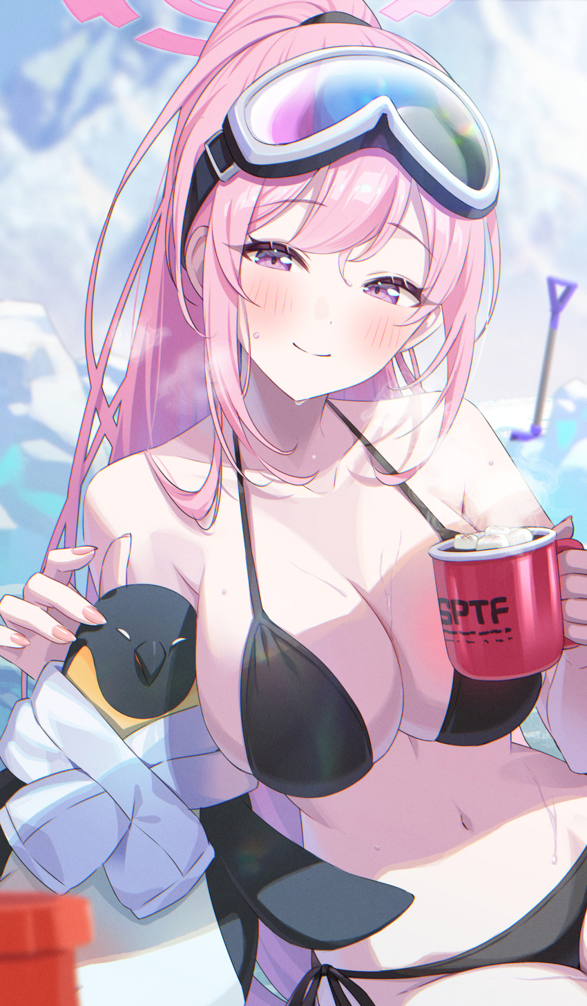 1girl absurdres animal bikini bird blue_archive blush breasts cleavage closed_mouth cup eimi_(blue_archive) eimi_(swimsuit)_(blue_archive) fingernails food goggles goggles_on_head groin halo highres holding holding_cup large_breasts long_hair looking_at_viewer marshmallow momomoi_momoi navel official_alternate_costume penguin pink_eyes pink_hair pink_halo ponytail shovel smile solo sweat swimsuit very_long_hair