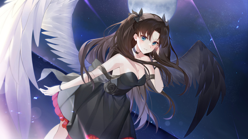 1girl absurdres bare_shoulders black_dress black_hair blue_eyes bracelet breasts choker cleavage dress fate/stay_night fate_(series) feathered_wings hand_in_own_hair highres ion_(on01e) jewelry moon night night_sky non-web_source ocean scarf sky smile tohsaka_rin twintails two-tone_wings wings