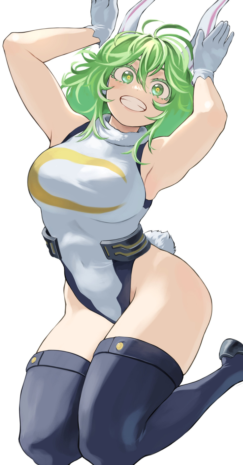 1girl absurdres animal_ears arms_up black_thighhighs boku_no_hero_academia breasts commentary_request cosplay covered_navel crescent_print fengling_(furin-jp) gloves green_eyes grin hagakure_tooru hair_between_eyes highleg highleg_leotard highres kneeling large_breasts leotard looking_at_viewer medium_hair messy_hair mirko mirko_(cosplay) print_leotard rabbit_ears rabbit_pose rabbit_tail short_hair sleeveless_turtleneck_leotard smile solo tail taut_leotard thick_eyelashes thighhighs turtleneck_leotard white_background white_gloves white_leotard yellow_pupils