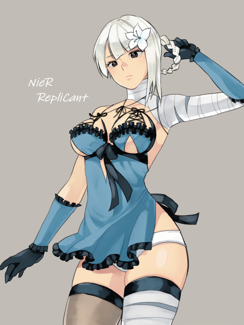 1girl 8warebw arm_behind_head bandaged_arm bandaged_leg bandaged_neck bandages black_gloves black_ribbon blue_dress blunt_bangs braid breasts brown_eyes closed_mouth cowboy_shot dress flower gloves grey_background hair_flower hair_ornament hair_rings highres kaine_(nier) negligee nier_(series) panties pantyhose ribbon short_dress single_bare_shoulder skindentation solo thighband_pantyhose underboob underwear white_flower white_hair white_panties