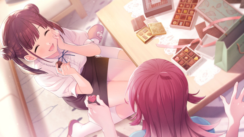 2girls ahoge bag black_skirt blue_ribbon blue_shirt box box_of_chocolates breasts brown_hair candy chocolate closed_eyes double_bun food from_above gift hair_bun hand_on_own_cheek hand_on_own_face heart heart-shaped_chocolate highres holding holding_chocolate holding_food idolmaster idolmaster_shiny_colors idolmaster_shiny_colors_song_for_prism indoors kneehighs komiya_kaho long_hair multiple_girls official_art open_box open_mouth pencil_skirt pink_ribbon red_hair ribbon shirt shopping_bag short_twintails sidelocks sitting skirt smile socks sonoda_chiyoko sunlight sweets table twintails white_socks