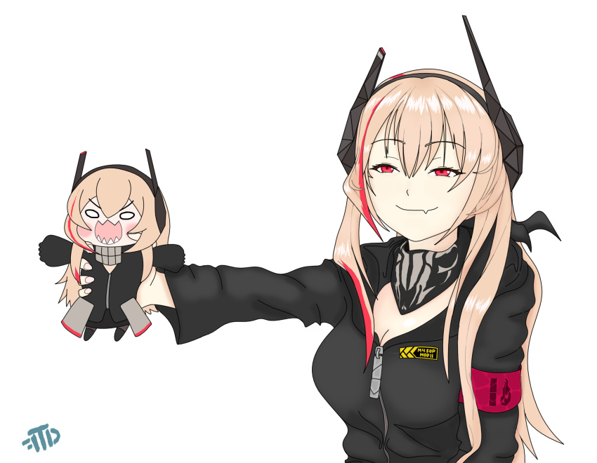 2girls armband blonde_hair blush breasts cleavage fang girls'_frontline headgear highres large_breasts long_hair m4_sopmod_ii_(girls'_frontline) m4_sopmod_ii_jr meme multicolored_hair multiple_girls red_armband red_eyes red_hair sharp_teeth smile smug streaked_hair teeth thedaniilfox upper_body very_long_hair you_can_just_give_this_kind_of_thing_to_men_and_they_will_be_thrilled_(meme)