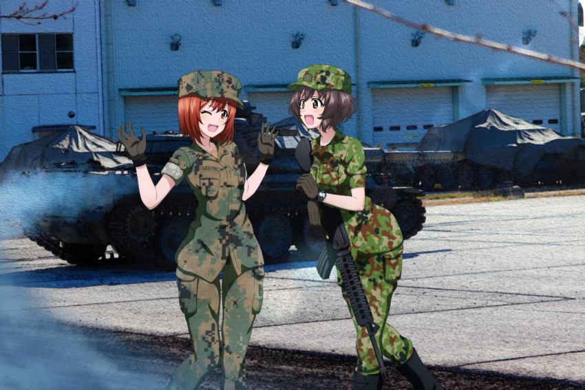 2girls akiyama_yukari alternate_costume assault_rifle black_footwear blush bob_cut boots breast_pocket brown_eyes brown_gloves brown_hair brown_headwear brown_jacket brown_pants camouflage camouflage_headwear camouflage_jacket camouflage_pants crossover day field_cap girls_und_panzer gloves green_headwear green_jacket green_pants gun hat highres holding holding_gun holding_weapon jacket key_(gaigaigai123) knee_boots looking_at_another m16 marine_corps_yumi messy_hair military military_uniform multiple_girls nagumo_yumi name_tag one_eye_closed open_mouth outdoors pants photo_background pocket red_eyes red_hair rifle short_hair sleeves_rolled_up smile uniform united_states_marine_corps vehicle_request watch weapon wristwatch