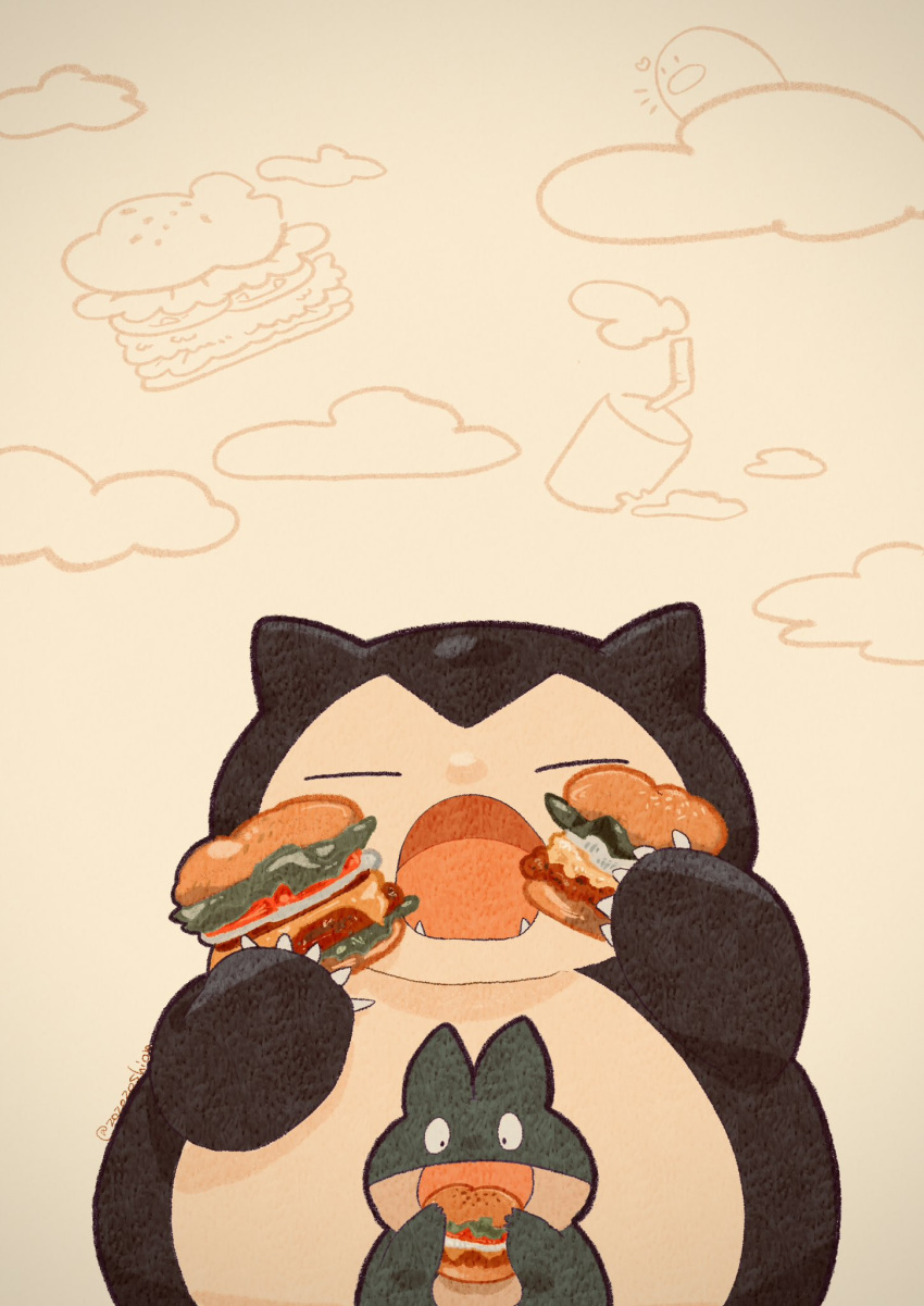 animal_focus burger claws cloud commentary diglett eating evolutionary_line fangs food heart highres munchlax no_humans open_mouth pokemon pokemon_(creature) snorlax symbol-only_commentary white_background zozozoshion