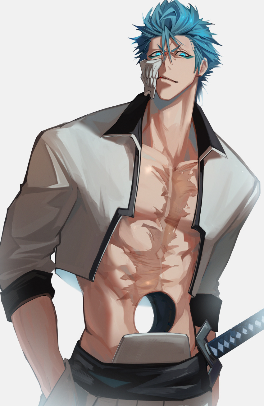 1boy absurdres bare_pectorals bleach blue_eyes blue_hair closed_mouth collarbone grimmjow_jaegerjaquez haruakira highres hollow_body looking_at_viewer male_focus mask open_clothes open_shirt pectorals scar scar_on_chest shirt short_hair simple_background solo sword weapon white_background white_shirt