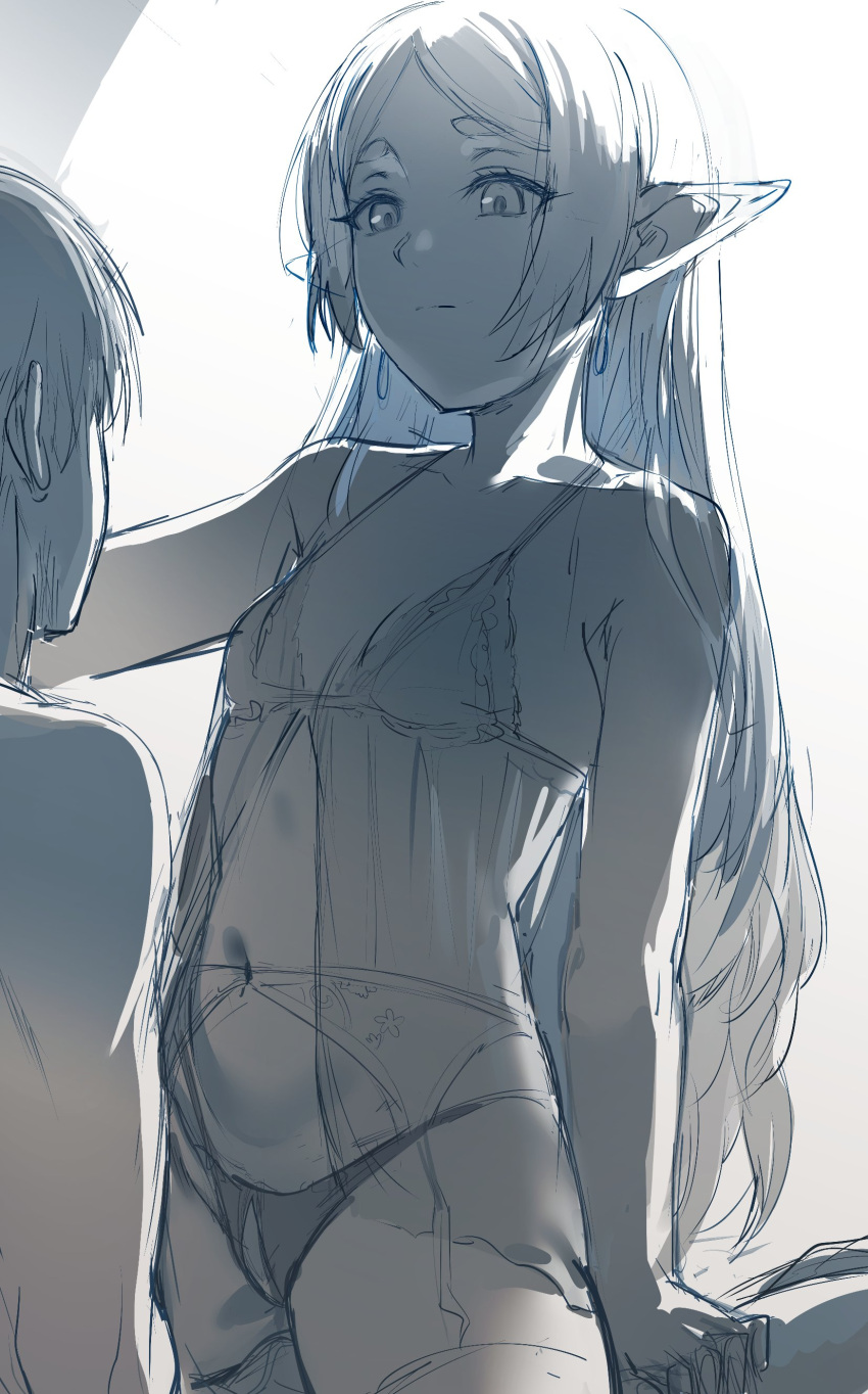 1boy 1girl absurdres breasts commentary elf english_commentary frieren greyscale hair_down hetero hews highres himmel_(sousou_no_frieren) lingerie long_hair looking_at_another monochrome navel nightgown pointy_ears sketch small_breasts sousou_no_frieren underwear unfinished