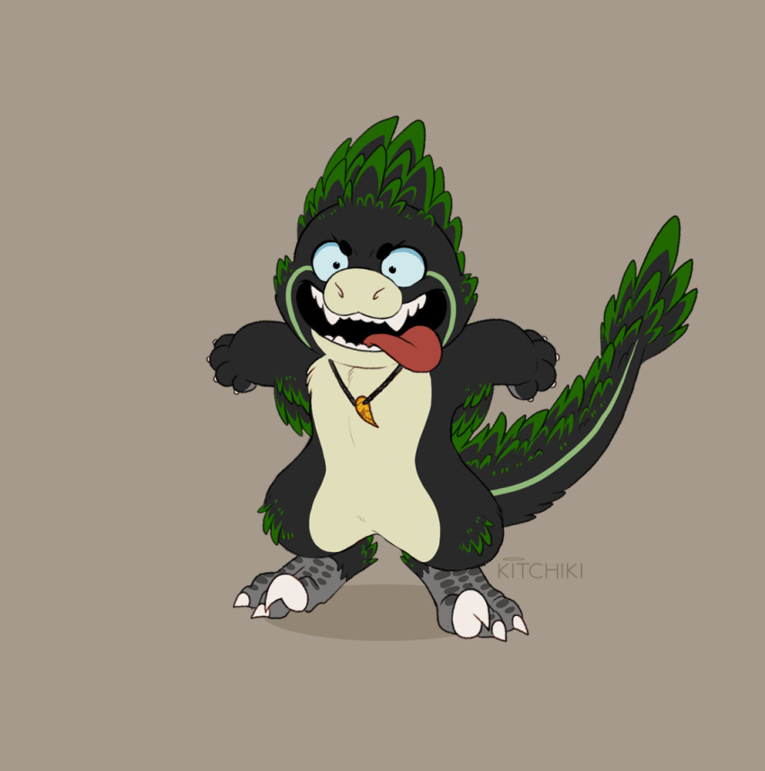 anthro black_body claws dinosaur disney dromaeosaurid feathers ferro_(ferrosaur) jewelry kitchiki necklace pixar reptile scalie solo theropod tongue tongue_out turning_red utahraptor