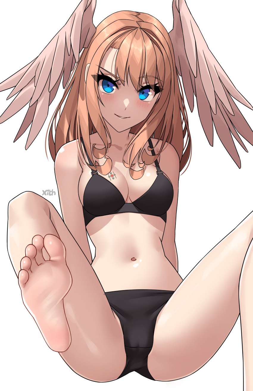 1girl absurdres alternate_costume artist_name barefoot bikini black_bikini blue_eyes blush breasts brown_hair cameltoe collarbone commentary english_commentary eunie_(xenoblade) eyelashes feathered_wings feet foot_out_of_frame greek_toe head_wings highres leaning_back long_hair looking_at_viewer medium_breasts navel paid_reward_available parted_lips simple_background smile soles solo stomach swimsuit toes white_background wings x_xith_x xenoblade_chronicles_(series) xenoblade_chronicles_3
