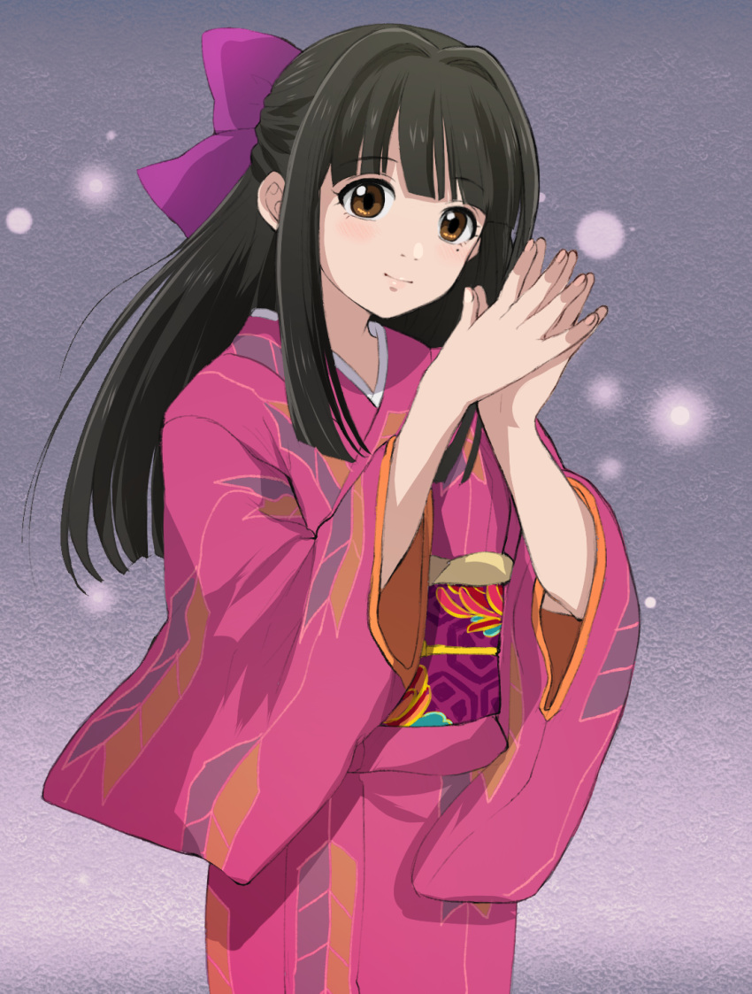 1girl black_hair blush bow brown_eyes closed_mouth cowboy_shot fingernails gegege_no_kitarou grey_background hair_bow hair_ornament half_updo hands_up highres japanese_clothes kimono kitarou_tanjou:_gegege_no_nazo light_particles long_hair long_sleeves looking_at_viewer mole mole_under_eye obi own_hands_together pink_bow pink_kimono print_kimono ryuuga_sayo sash smile solo straight_hair yamatomoti