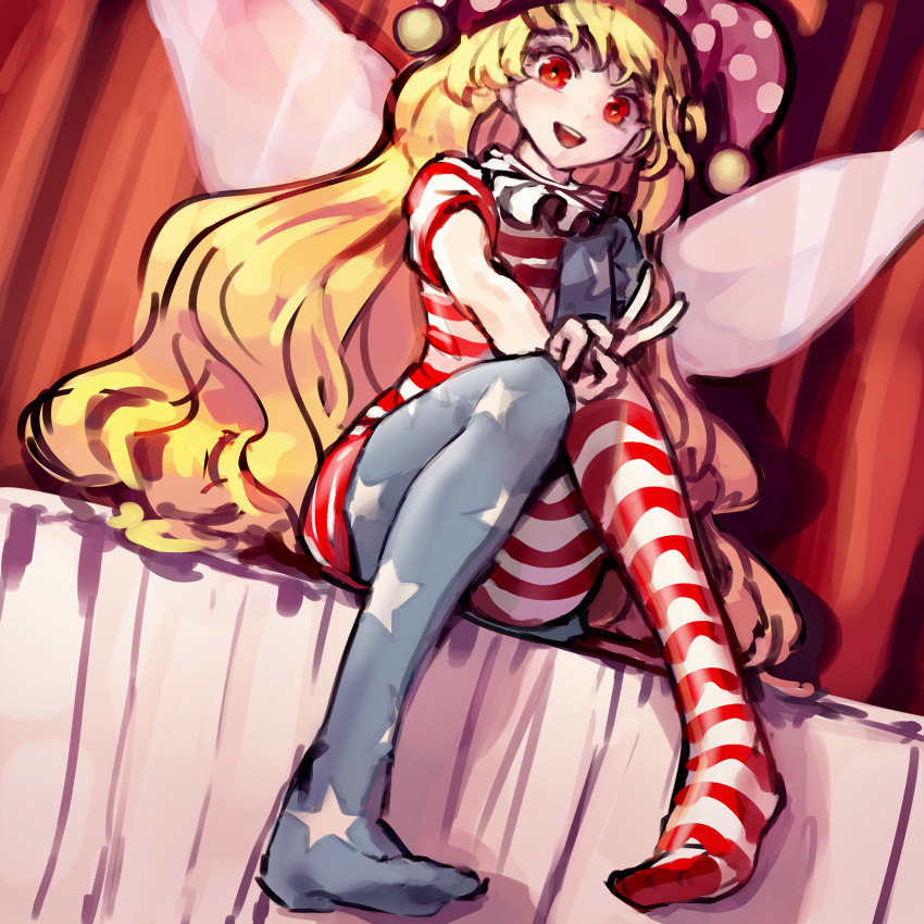 1girl american_flag american_flag_dress american_flag_legwear blonde_hair clownpiece creenoy dress fairy_wings full_body hat highres jester_cap long_hair looking_at_viewer neck_ruff no_shoes pantyhose polka_dot_headwear red_eyes sitting solo star_(symbol) star_print striped striped_dress striped_pantyhose touhou v very_long_hair wavy_hair wings