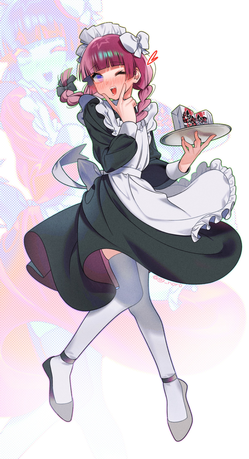 1girl absurdres alternate_costume apron black_dress blunt_bangs blush bocchi_the_rock! braid commentary_request dress drooling enmaided floating frilled_apron frills full_body grey_footwear highres hiroi_kikuri holding holding_tray long_sleeves low_twin_braids maid maid_apron maid_headdress mouth_drool nose_blush one_eye_closed open_mouth puffy_long_sleeves puffy_sleeves purple_eyes purple_hair sharp_teeth simple_background smile sofa_(enogunomu) solo teeth thighhighs tray twin_braids twitter_username upper_teeth_only v_over_mouth white_apron white_background white_headdress white_headwear white_thighhighs zoom_layer