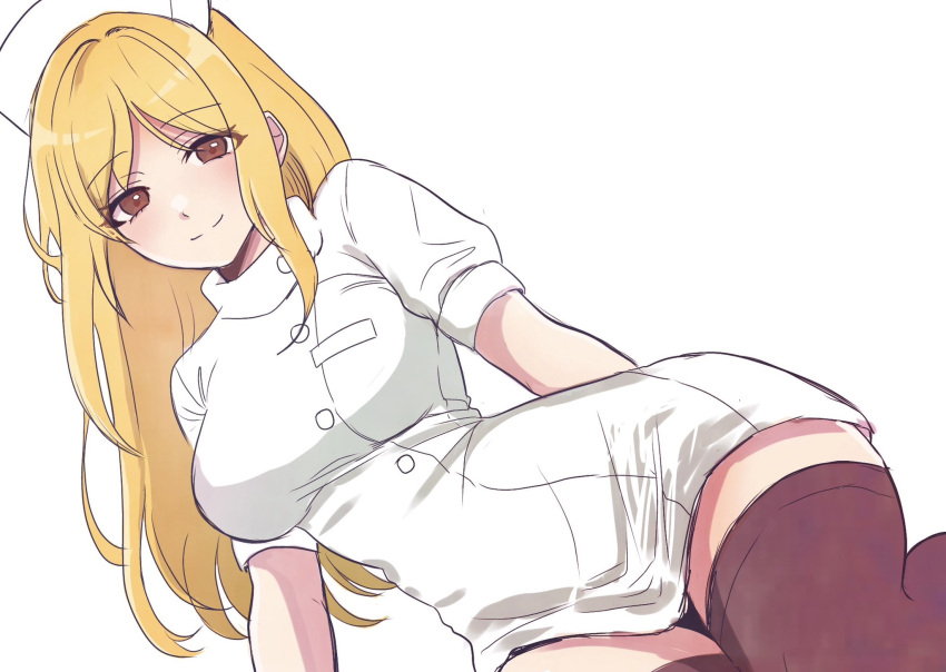 1girl blonde_hair breasts brown_eyes brown_thighhighs closed_mouth cowboy_shot dress hat highres higurashi_no_naku_koro_ni large_breasts leaning_to_the_side light_blush long_hair looking_at_viewer nurse nurse_cap parted_bangs short_dress short_sleeves smile solo takano_miyo thighhighs white_background white_dress yuno_ff zettai_ryouiki