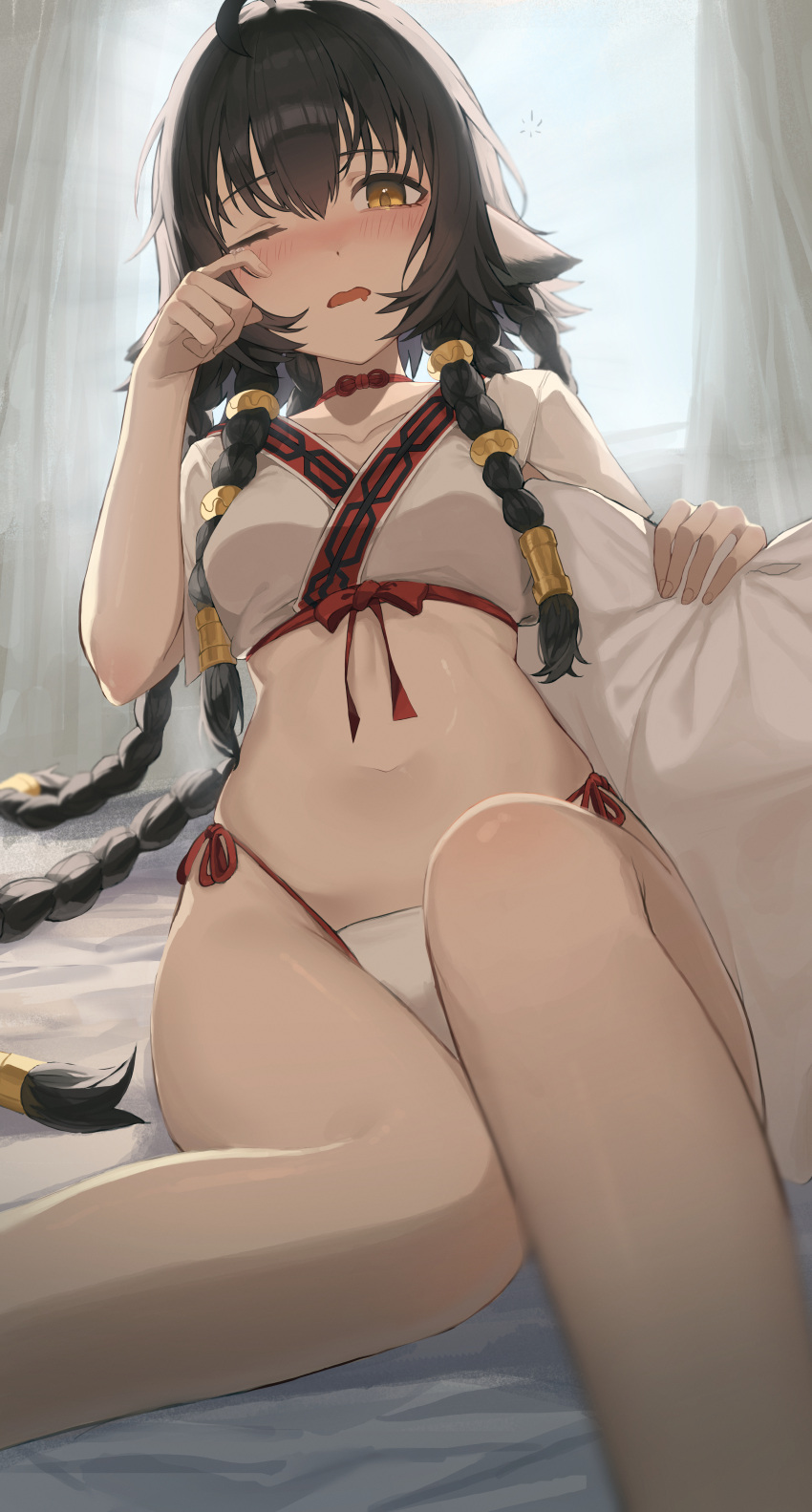 1girl absurdres ahoge animal_ears anju_(utawarerumono) bed bed_sheet black_hair blush braid breasts collarbone commentary commission cropped_kimono curtains drooling hair_between_eyes hair_tubes highleg highleg_panties highres holding holding_pillow japanese_clothes kimono leg_up long_hair looking_at_viewer midriff mixed-language_commentary mouth_drool multiple_braids navel neck_ribbon one_eye_closed open_mouth panties pillow pixiv_commission quad_braids red_ribbon ribbon rubbing_eyes ryu_(yanagi) short_sleeves side-tie_panties sitting sleepy small_breasts solo stomach underwear utawarerumono utawarerumono:_futari_no_hakuoro white_kimono white_panties yellow_eyes
