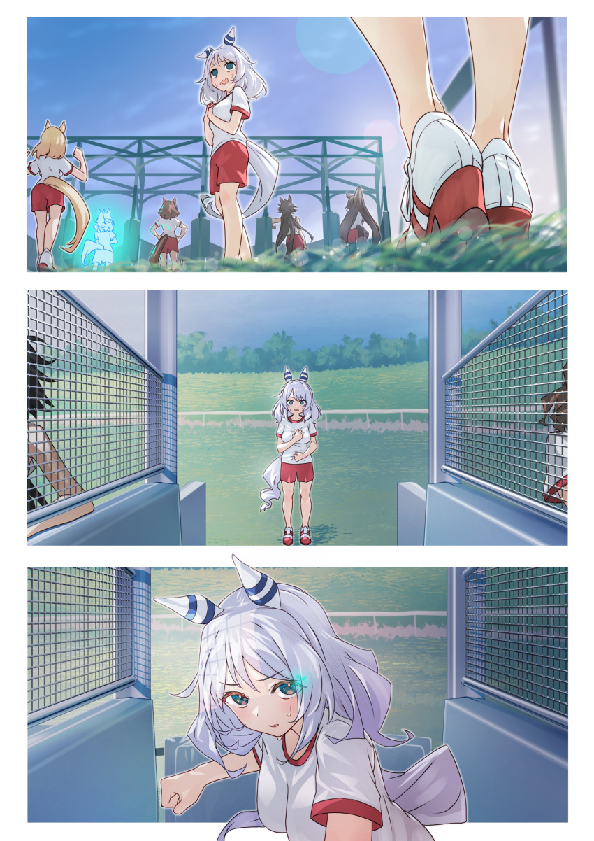 6+girls alternate_costume animal_ears black_hair blonde_hair blurry blurry_background breasts brown_eyes grass grey_hair highres hishi_miracle_(umamusume) horse_ears horse_girl horse_tail looking_at_viewer medium_breasts multiple_girls nabe_puyo open_mouth racetrack sky solo_focus sweat tail umamusume