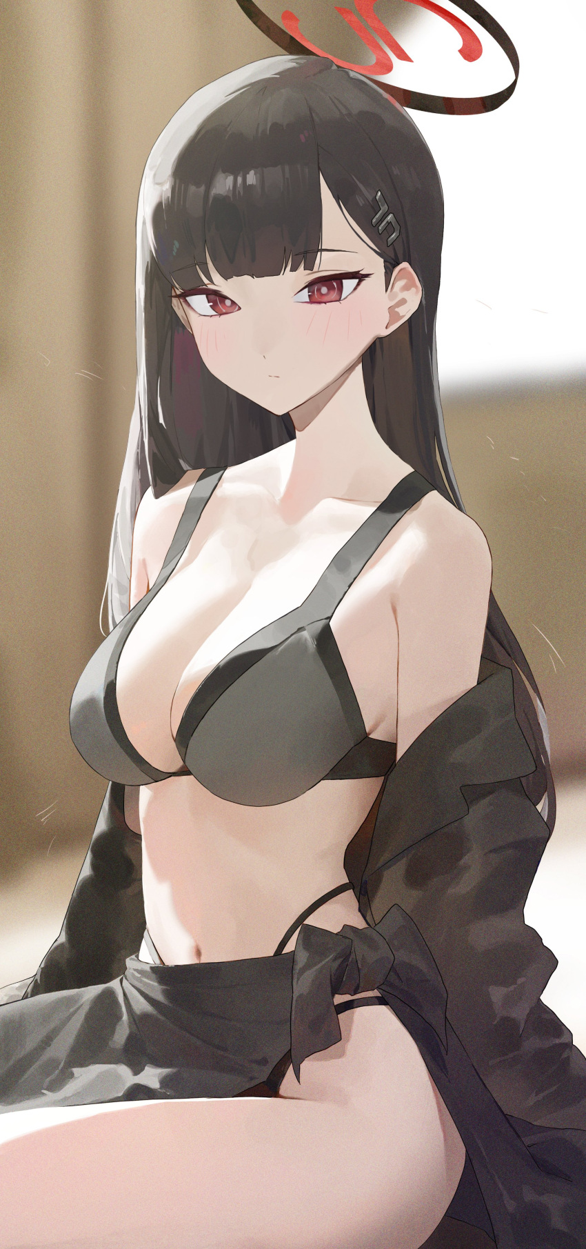 1girl absurdres black_hair black_skirt blue_archive blurry blurry_background blush bra breasts cleavage closed_mouth collarbone commentary commentary_request grey_bra hair_ornament hairclip halo highres kji_(rozo) long_hair looking_at_viewer medium_breasts navel panties red_eyes red_halo rio_(blue_archive) sitting skirt solo thighs tied_skirt underwear