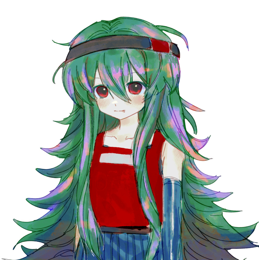 1other absurdres androgynous belt bingkuaihei black_belt black_hairband blue_skirt chinese_commentary closed_mouth commentary_request elbow_gloves fang gloves green_hair hair_between_eyes hairband highres len'en long_hair looking_at_viewer other_focus pleated_skirt red_eyes red_tank_top simple_background skirt smile solo taira_no_fumikado tank_top white_background