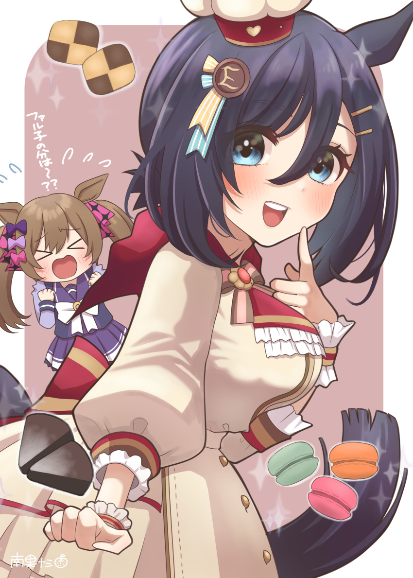 &gt;_&lt; 2girls absurdres animal_ears black_hair blush border bow cake chef_hat chocolate commentary_request cookie cowboy_shot dress eishin_flash_(collect_chocolatier)_(umamusume) eishin_flash_(umamusume) food frilled_dress frills hair_between_eyes hair_ornament hairclip hat highres horse_ears horse_girl horse_tail long_sleeves macaron medium_hair multiple_girls nankanashi official_alternate_costume open_mouth pink_background pleated_skirt puffy_sleeves purple_serafuku purple_shirt purple_skirt school_uniform serafuku shirt simple_background skirt smart_falcon_(umamusume) smile tail teeth translation_request twintails umamusume upper_teeth_only white_border white_bow white_dress winter_uniform