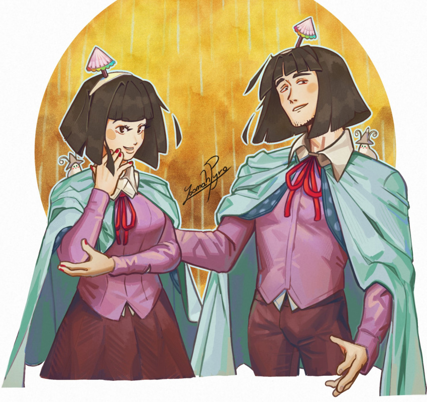 1boy 1girl amanomiya_jun amanomori_shou amanomori_shou_(slug) animal_on_shoulder artist_name beard_stubble black_eyes black_hair blue_cape blunt_bangs blunt_ends blush_stickers bow bowtie breasts bulge cape circle collared_shirt commentary cowboy dual_persona english_commentary eyelashes fingernails genderswap genderswap_(otf) genderswap_(otm) hairband hand_on_another's_back hand_on_own_cheek hand_on_own_elbow hand_on_own_face highres large_breasts layered_shirt len'en long_sleeves looking_at_viewer open_mouth outline pants pink_shirt pink_sleeves polka_dot rainbow_gradient red_bow red_bowtie red_pants red_skirt shirt short_hair signature skirt smile teeth thick_eyebrows umbrella_hair_ornament white_background white_hairband white_outline white_shirt yoomah