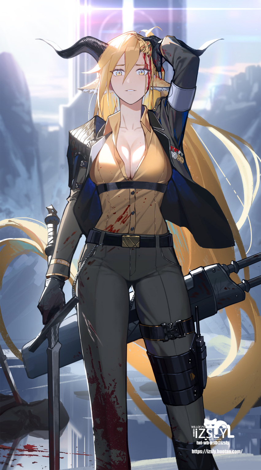 1girl 1other absurdly_long_hair absurdres ambiguous_gender animal_ear_fluff animal_ears arknights arm_strap arm_up armband armor artist_name backlighting belt belt_buckle belt_chain black_belt black_gloves black_horns black_straps blonde_hair blood blood_in_hair blood_on_cheek blood_on_clothes blood_on_face blood_on_weapon blood_splatter blood_stain blue_eyes blue_sky blurry blurry_background breasts buckle building buttons center_opening chest_harness chinese_commentary cloud collarbone collared_shirt combat_knife commentary_request corpse day death degenbrecher_(arknights) diffraction_spikes dot_nose double-parted_bangs dress_shirt feet_out_of_frame floating_hair floor gloves goat_ears goat_girl goat_horns green_jacket green_pants grin hair_between_eyes hand_in_own_hair harness high_collar highres holding holding_sword holding_weapon horns izsly jacket knife knife_sheath lapels lens_flare light_blush light_particles lips lofter_username long_bangs long_hair long_sleeves looking_at_viewer medal medium_breasts military military_jacket military_uniform mountain multicolored_eyes multiple_swords multiple_weapons notched_lapels open_clothes open_jacket orange_shirt outdoors pants parted_lips partially_unbuttoned pauldrons people pixiv_username planted planted_sword pocket reflection reflective_floor scabbard shadow sheath sheathed shirt shoulder_armor shoulder_pads single_pauldron single_shoulder_pad single_sidelock sky smile snap-fit_buckle solo_focus standing straight-on straight_hair strap sun sunlight sword teeth thigh_belt thigh_strap tower twitter_username two-tone_eyes uniform very_long_hair watermark weapon weibo_username white_armband wing_collar yellow_eyes
