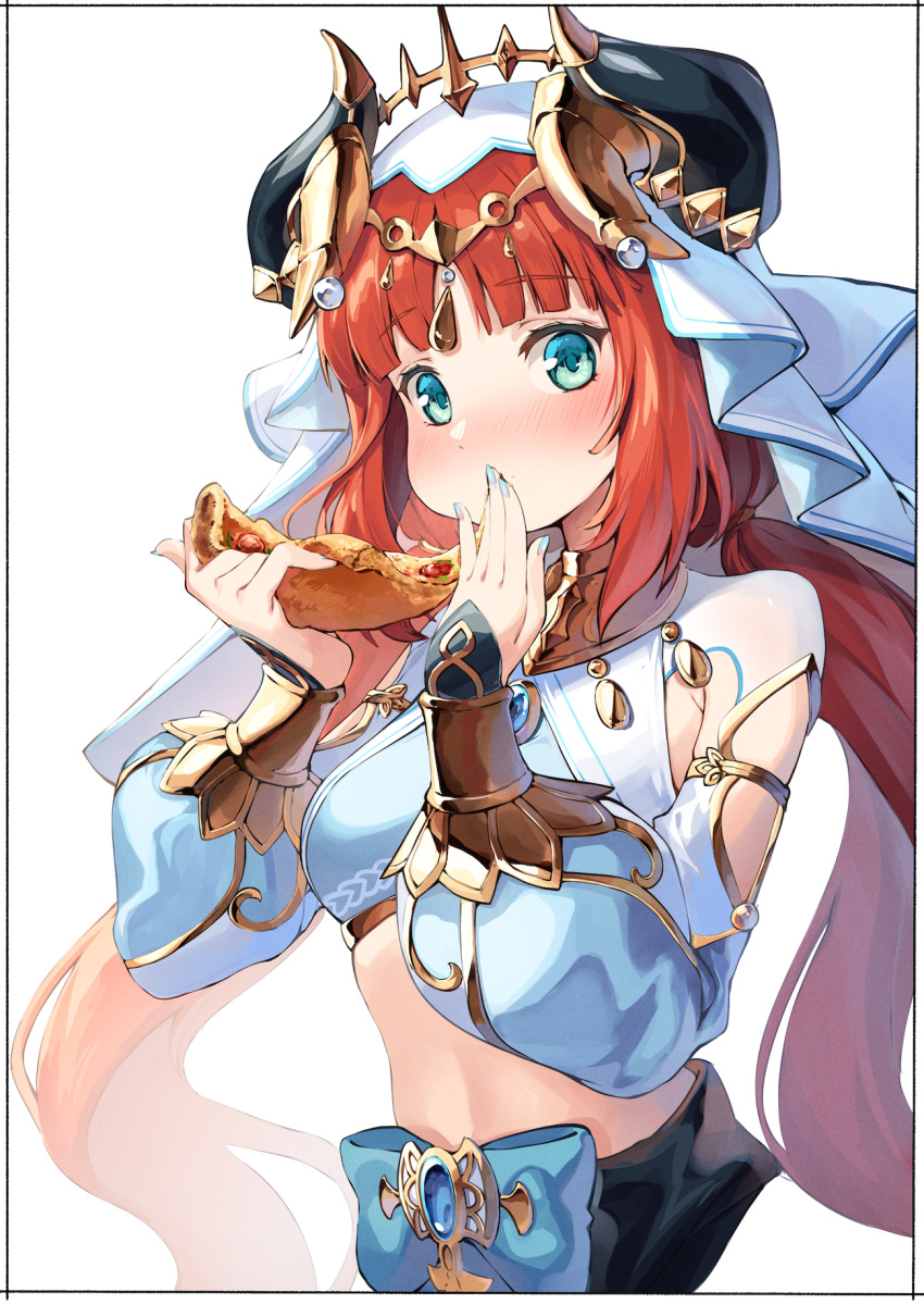 1girl blue_nails blush closed_mouth covering_mouth cropped_torso dress food food_in_mouth genshin_impact highres holding holding_food horns kei_(soundcross) long_hair long_sleeves looking_at_viewer nilou_(genshin_impact) pizza red_hair sidelocks simple_background solo very_long_hair white_background
