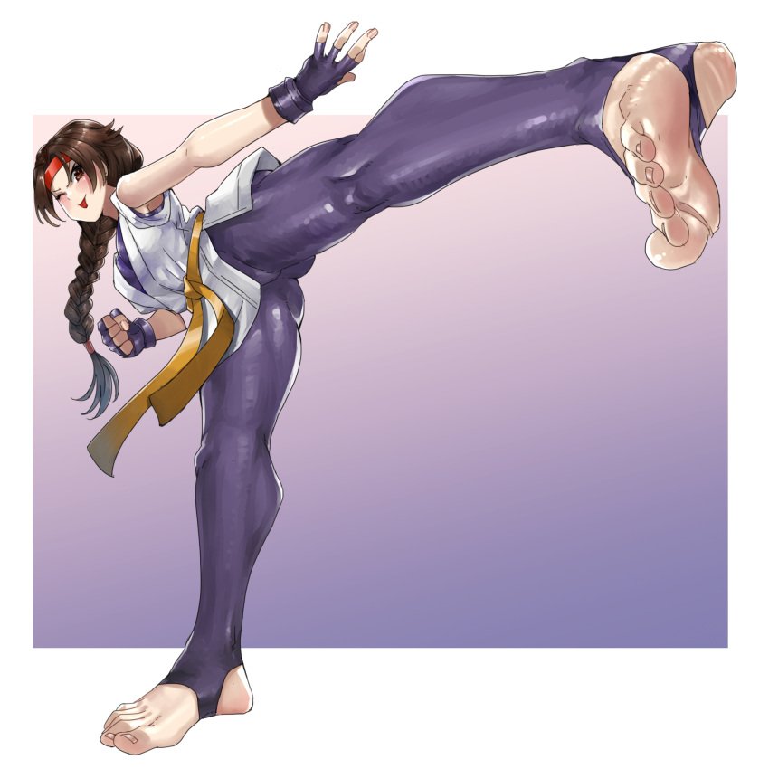 1girl black_gloves black_leggings blush braid braided_ponytail brown_eyes brown_hair clenched_hand dougi eiji_(eiji) feet fingerless_gloves foreshortening full_body gloves hand_guard headband highres kicking leggings martial_arts one_eye_closed red_headband ryuuko_no_ken snk solo the_king_of_fighters tongue tongue_out undershirt v-shaped_eyebrows waistband white_background yuri_sakazaki