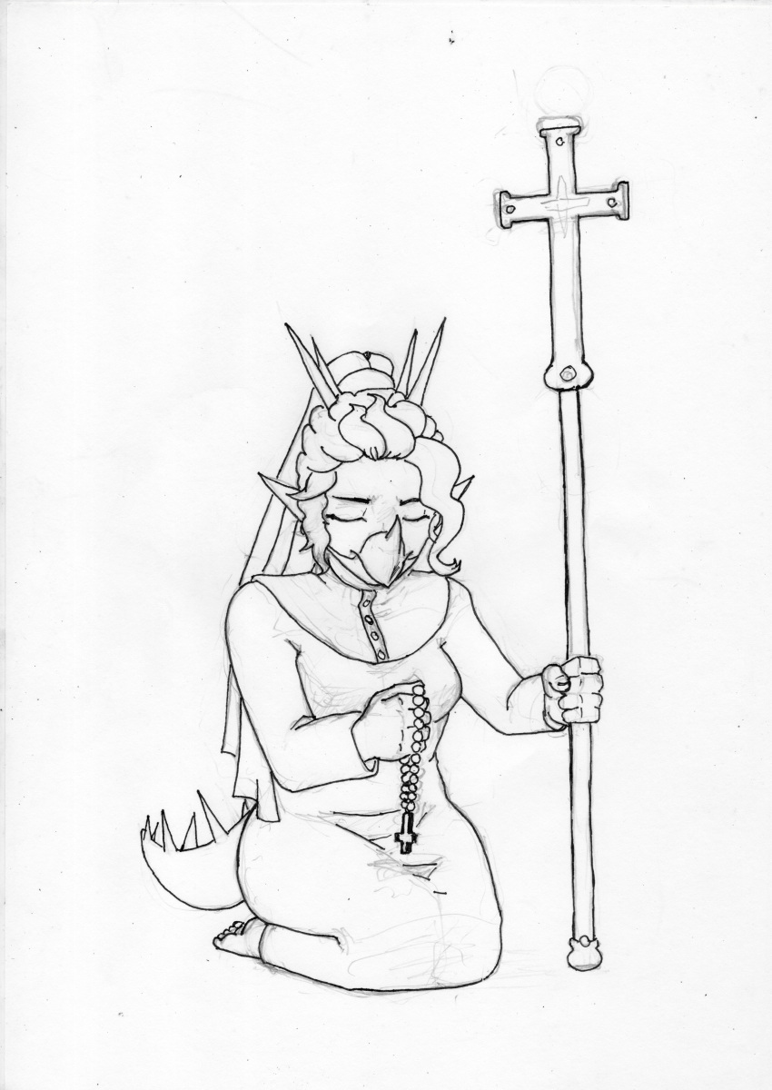 5_fingers 5_toes absurd_res anthro aquilops breasts ceratopsian christian_cross cross dinosaur eyes_closed facial_horn feet female fingers goodbye_volcano_high hair head_spikes hi_res holding_object holding_staff horn humanoid_feet kneeling monochrome nose_horn nun_habit nun_outfit ornithischian plantigrade reptile rosa_(gvh) rosary scalie shyny48941006 snoot_game snout solo spiked_tail spikes spikes_(anatomy) staff tail tied_hair toes traditional_media_(artwork) veil