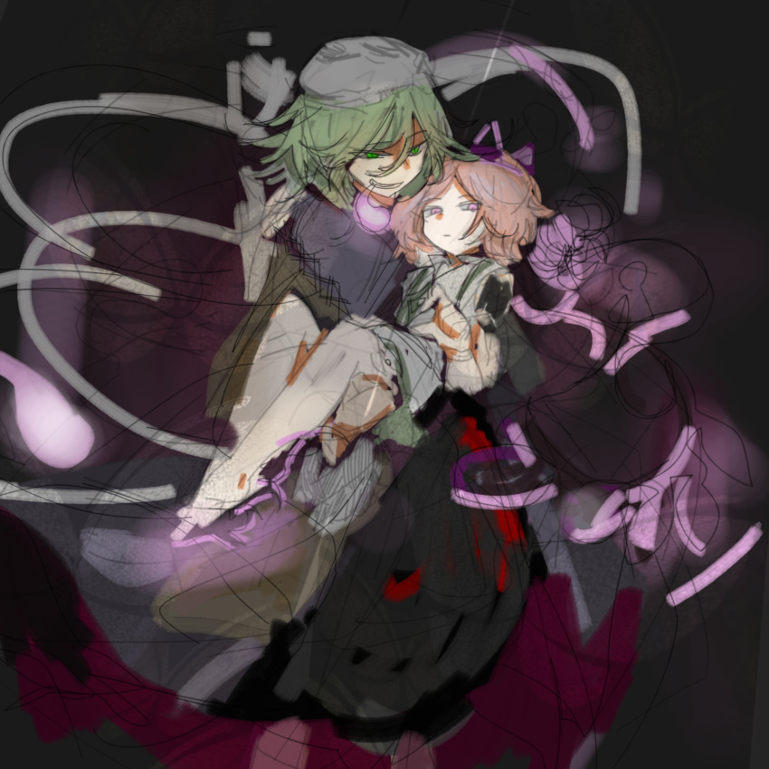 2others androgynous barefoot carrying closed_mouth cocopalm dress ex-sese expressionless fire green_eyes green_hair grin hair_between_eyes highres kitsugai_sese len'en multiple_others other_focus pink_eyes pink_fire pink_hair princess_carry shion_(len'en) short_hair sketch smile white_dress