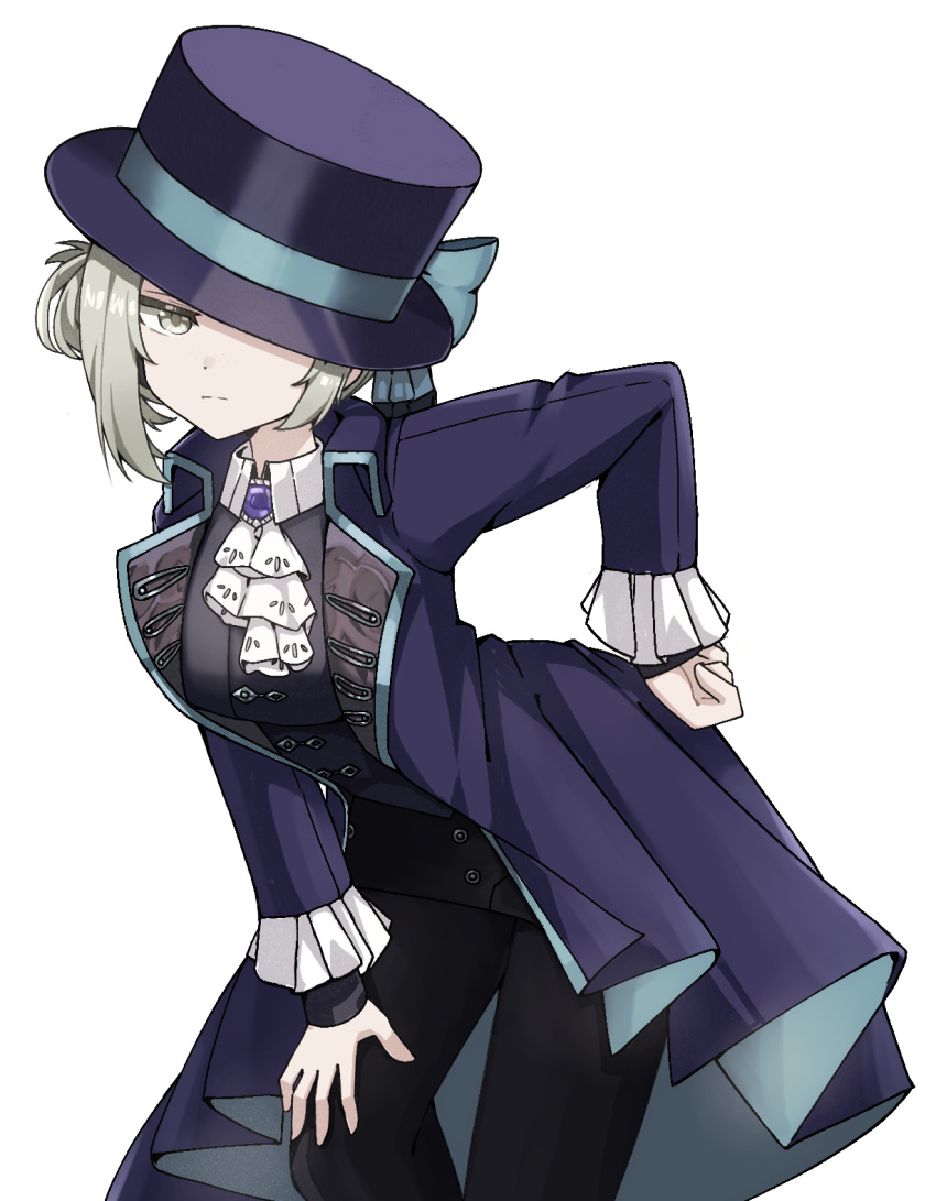 1girl ascot bend black_footwear boater_hat frilled_sleeves frills grey_eyes grey_hair hat highres jacket lancer_(worudrleh1) looking_at_viewer purple_jacket purple_suit reverse:1999 solo suit top_hat vertin_(reverse:1999) victorian white_ascot white_background