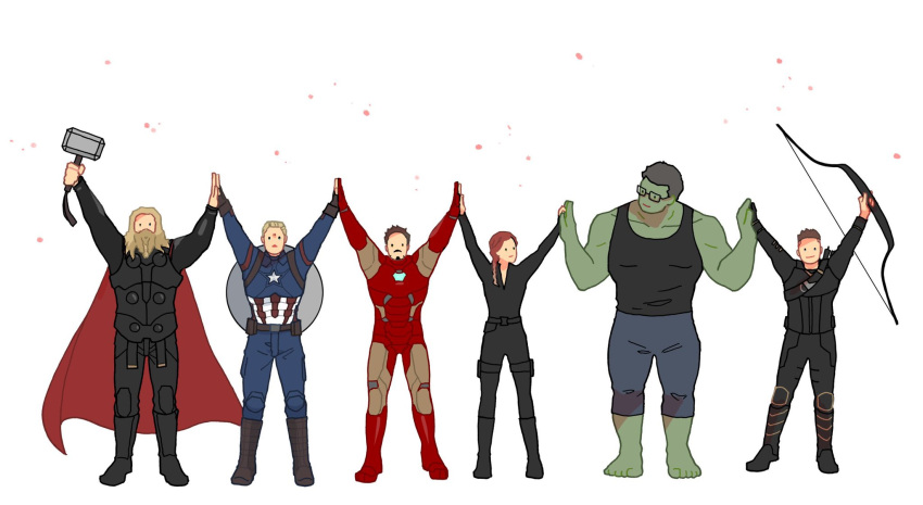 1girl 5boys arc_reactor armor arms_up arrow_(projectile) avengers:_endgame avengers_(series) bare_shoulders barefoot beard belt black_armor black_belt black_bodysuit black_eyes black_footwear black_hair black_pants black_shirt black_tank_top black_widow blonde_hair blue_bodysuit blue_pants bodysuit boots bow_(weapon) braid brown_belt brown_footwear brown_hair cape captain_america clint_barton closed_mouth colored_skin commentary_request confetti denim facial_hair full_armor full_body gradient_hair green_skin hawkeye_(marvel) highres holding holding_bow_(weapon) holding_weapon hulk iron_man long_hair long_sleeves looking_at_another looking_at_viewer marvel marvel_cinematic_universe mjolnir_(marvel) mochishio multicolored_armor multicolored_hair multiple_boys natasha_romanoff pants pocket power_armor red_armor red_cape red_hair shield shirt short_hair simple_background smile standing star_(symbol) steve_rogers striped superhero tank_top thor_(marvel) tony_stark weapon white_background yellow_armor