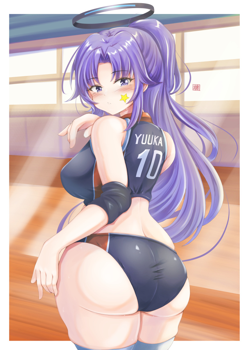 1girl absurdres basketball_jersey basketball_uniform black_buruma black_shirt black_thighhighs blue_archive blush breasts buruma cropped_shirt facial_tattoo highres large_breasts long_hair looking_at_viewer ponytail purple_eyes purple_hair shirt solo sportswear star_(symbol) star_tattoo tattoo thighhighs tong_shui yuuka_(blue_archive)