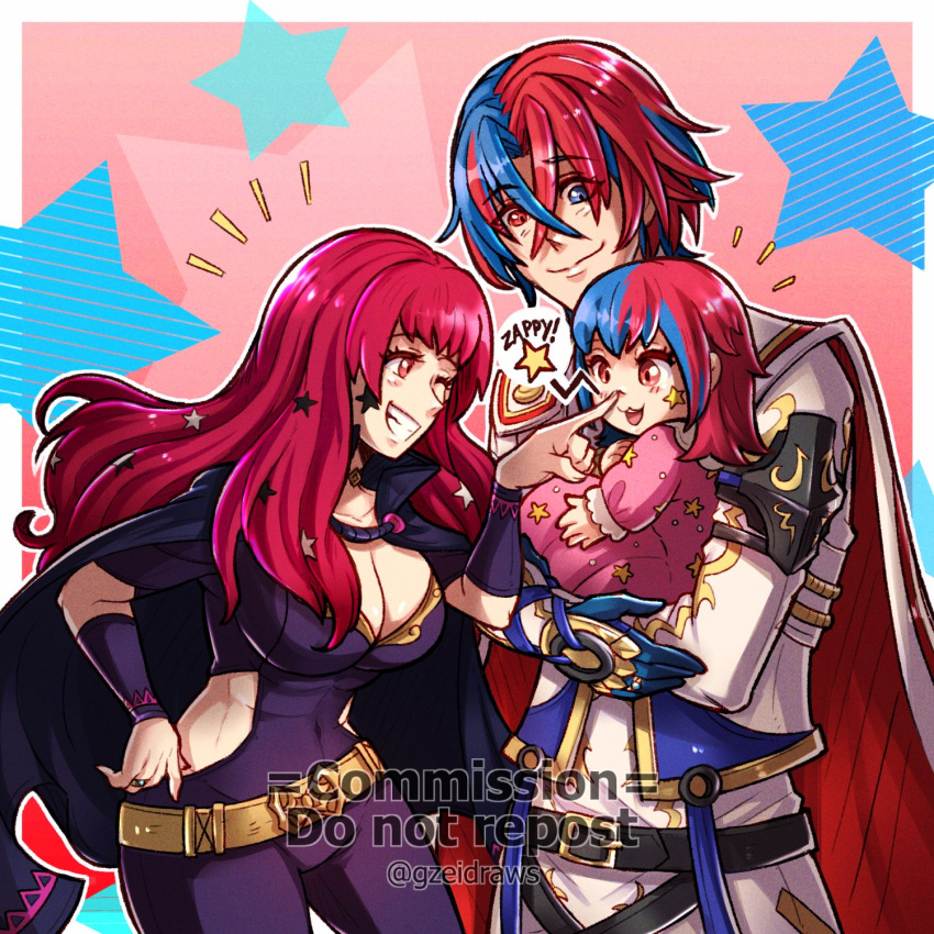 1boy 2girls alear_(fire_emblem) alear_(male)_(fire_emblem) belt black_cape blue_eyes blue_hair breasts cape cleavage commentary commission covered_navel cowboy_shot fire_emblem fire_emblem_engage grin gzei heterochromia highres if_they_mated large_breasts long_hair looking_at_another multicolored_hair multiple_girls one_eye_closed red_eyes red_hair shirt smile standing star_(symbol) streaked_hair very_long_hair white_shirt yunaka_(fire_emblem)