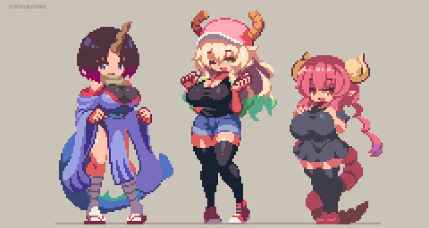 8-bit animal_humanoid animated baggy_clothing baggy_topwear big_breasts bottomwear bouncing_breasts breasts cleavage clothed clothing digital_media_(artwork) dragon dragon_humanoid dress elma_(dragon_maid) female fully_clothed group hat headgear headwear horn horned_humanoid huge_breasts humanoid ilulu legwear leotard miss_kobayashi's_dragon_maid pixel_(artwork) pixel_animation quetzalcoatl_(dragon_maid) sakuemonq segmented_tail shirt short_stack shorts tail tail_motion tailed_humanoid tailwag tank_top thick_thighs thigh_highs topwear trio wide_hips