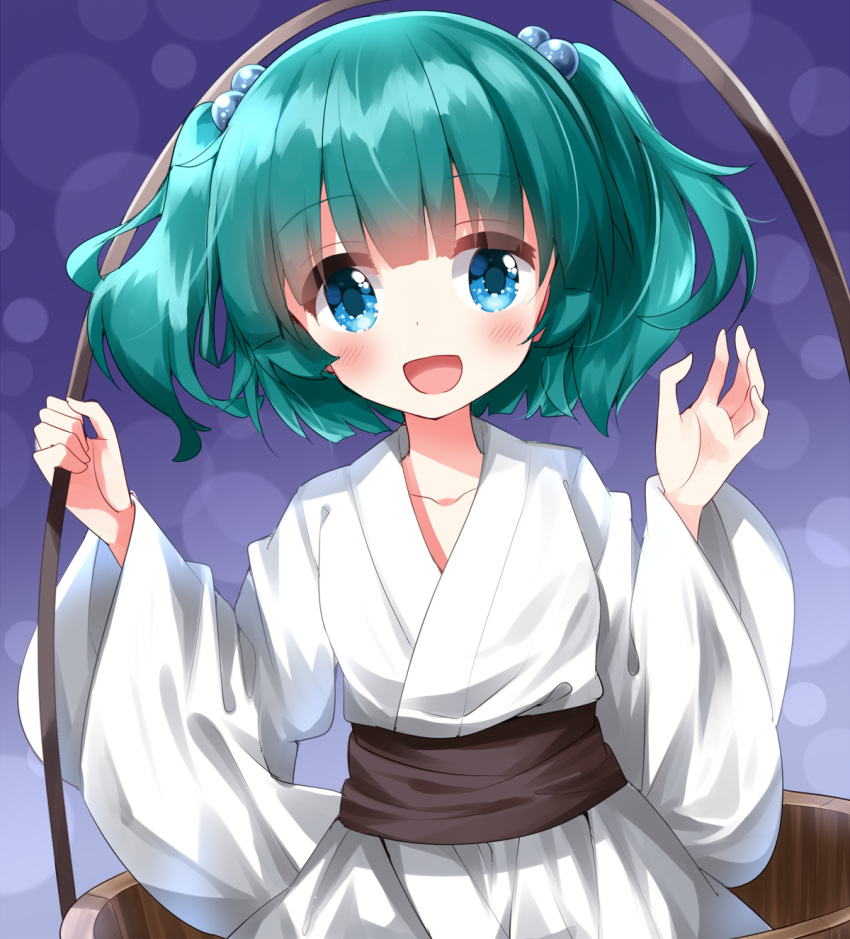 1girl :d aqua_eyes commentary_request green_hair hair_bobbles hair_ornament highres japanese_clothes kimono kisume long_hair looking_at_viewer open_mouth purple_background ruu_(tksymkw) short_hair smile solo touhou two_side_up white_kimono wide_sleeves